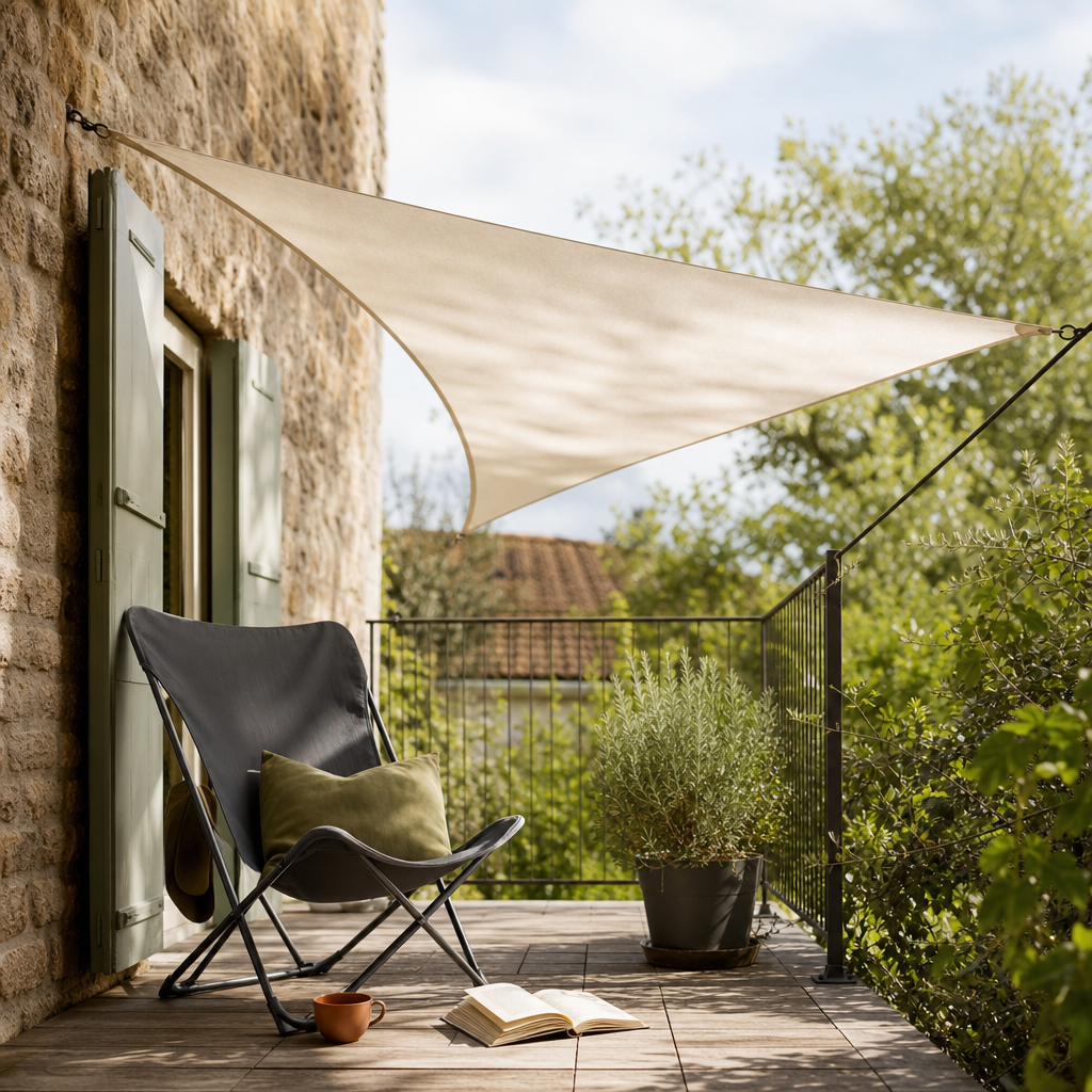 Voile d'ombrage triangulaire installée au-dessus d'un coin lecture sur petit balcon