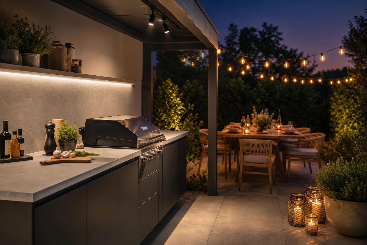 Cuisine outdoor en soirée éclairée par bandeau LED, spots de pergola et guirlande lumineuse à filament