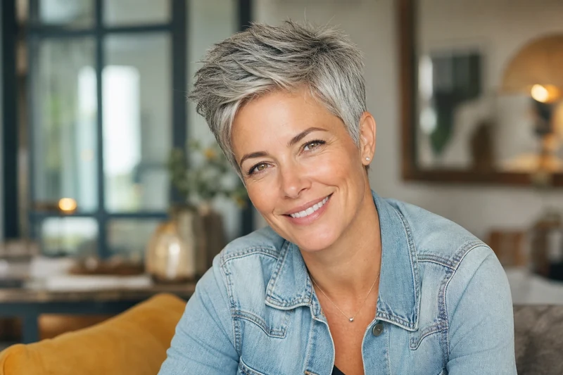 Pixie effilé texturé sur cheveux poivre et sel, femme expressive en jean