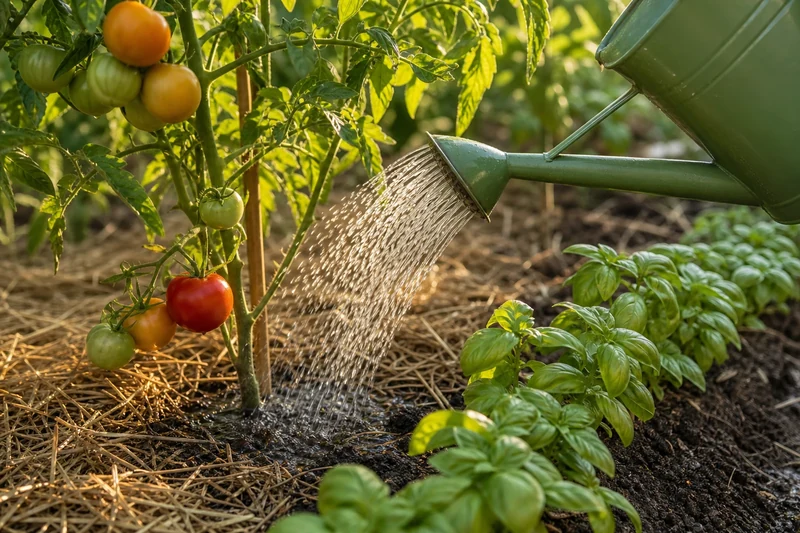 Arrosage au pied d'un plant de tomate avec arrosoir, sans mouiller le feuillage