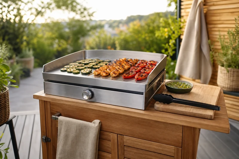 Plancha inox sur desserte bois acacia avec courgettes, brochettes et poivrons grillés sur terrasse
