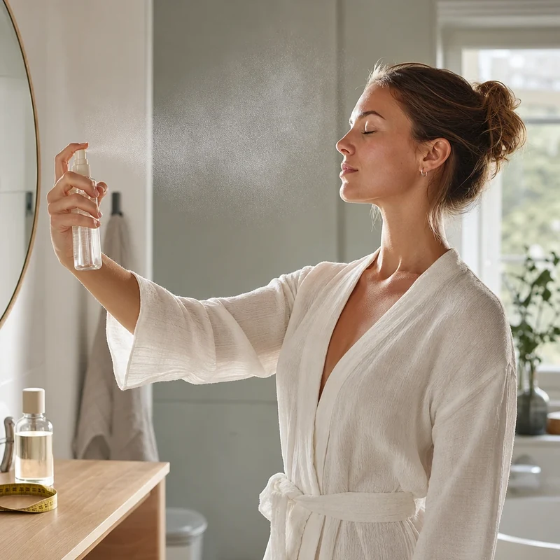 Vaporisation d'une brume fixatrice à 25 cm du visage en mouvement croisé