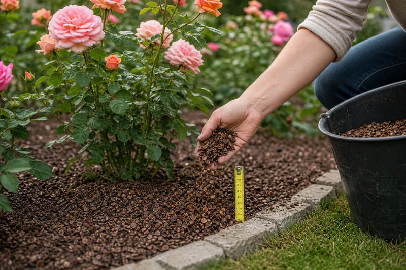 Paillage de cosses de sarrasin sur 5 à 7 cm au pied d'un rosier en juin