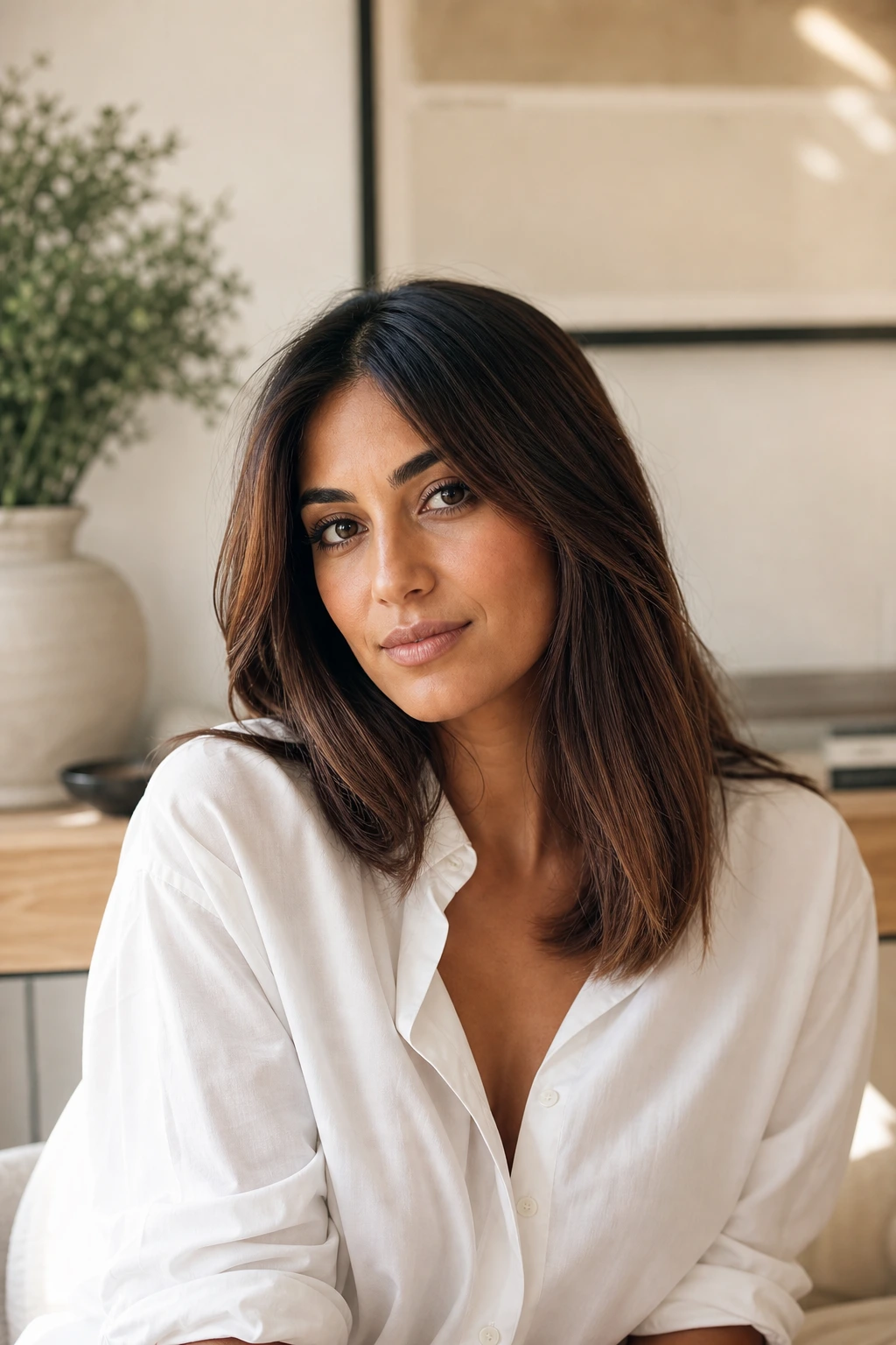 Suede brunette sur peau mate olive : brun chaud velouté aux reflets noisette et chocolat