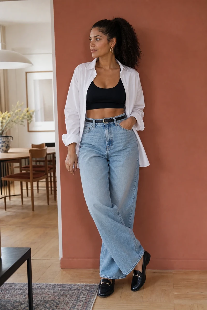 Look 5 streetwear chic : brassière noire sous chemise oversize blanche et jean wide leg
