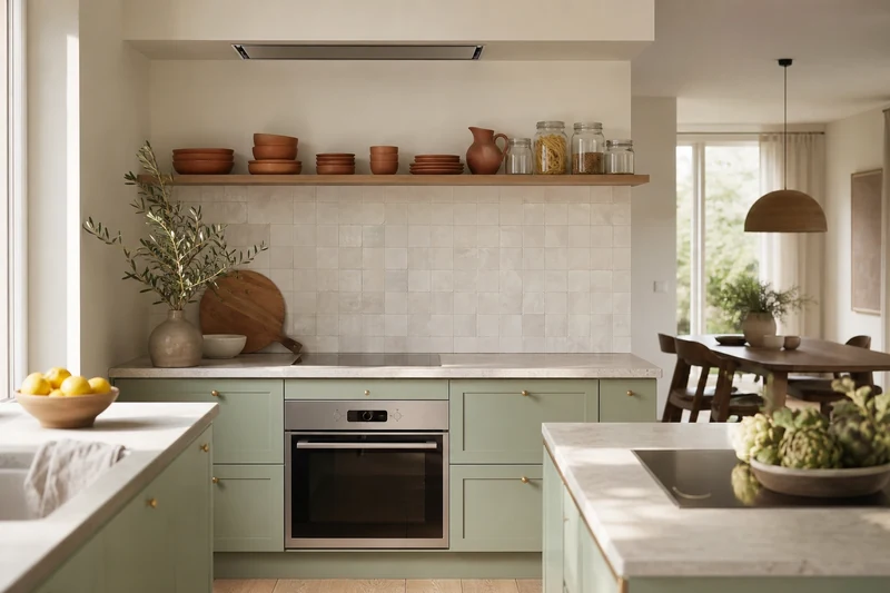 Cuisine française aux façades vert pistache mat avec crédence zellige et accessoires terracotta