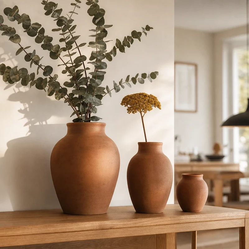 Trois vases terracotta de tailles différentes en cluster sur étagère bois