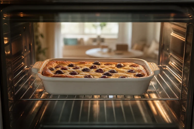 Clafoutis en cours de cuisson dans le four à 180 °C vu à travers la porte vitrée