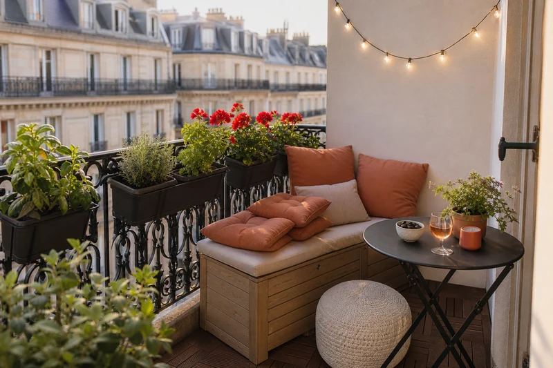 Petit balcon parisien aménagé avec banc-coffre, jardinières basilic romarin géraniums et guirlande LED chaude