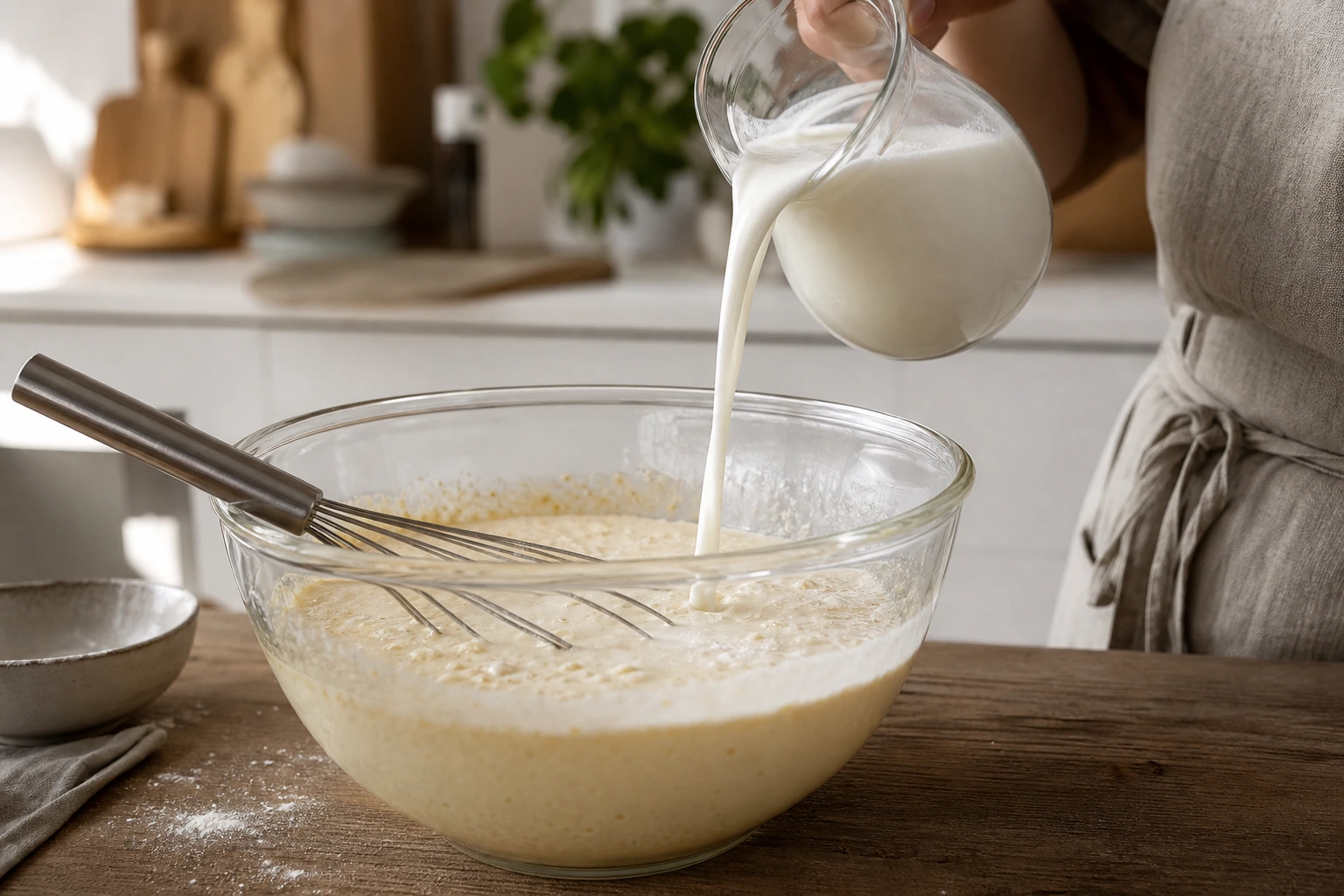 Incorporation du lait entier dans la pâte à clafoutis