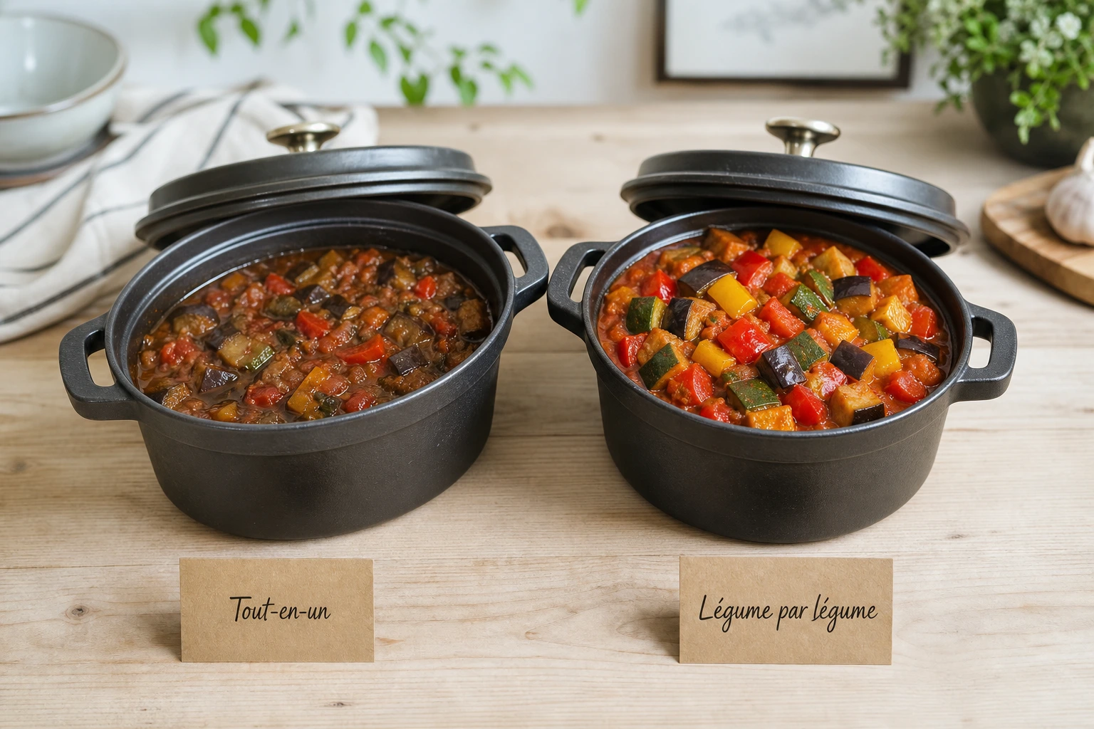 Comparaison visuelle entre ratatouille tout-en-un et légume par légume