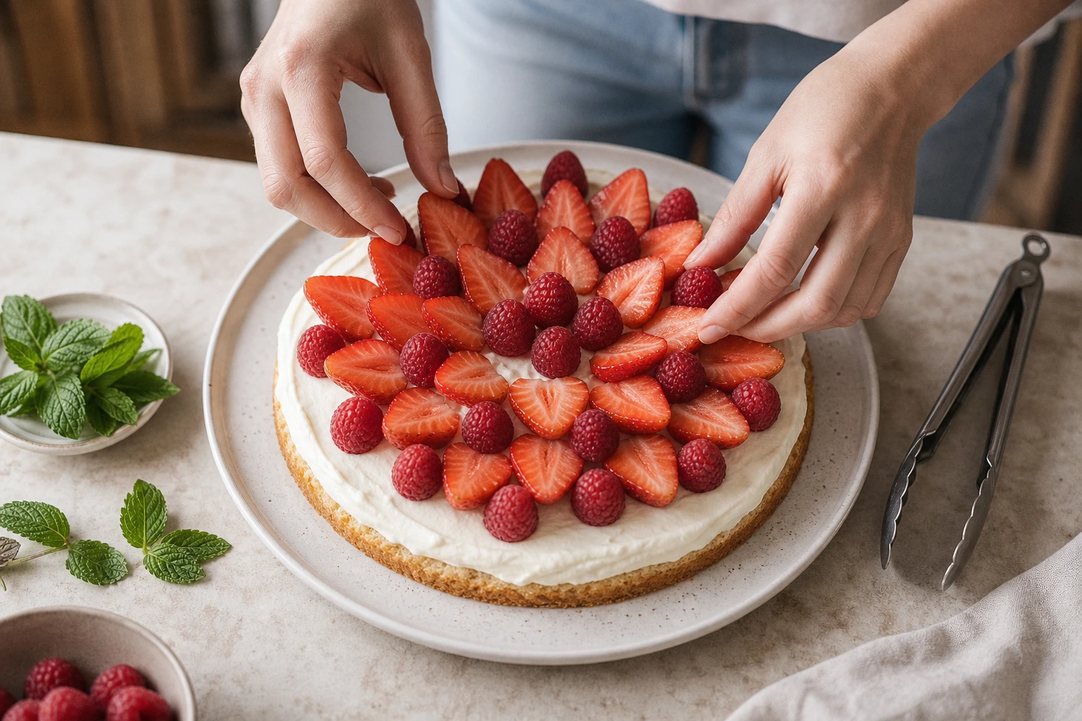 Dressage concentrique des demi-fraises Gariguette et framboises entières sur la crème mascarpone