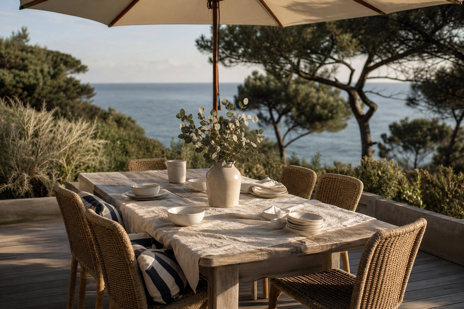 Terrasse coastal chic avec table en bois flotté, chaises en jonc de mer et accents bleu marine