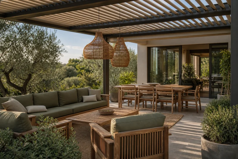 Pergola bioclimatique gris taupe avec lames orientables abritant un salon outdoor en teck et kaki