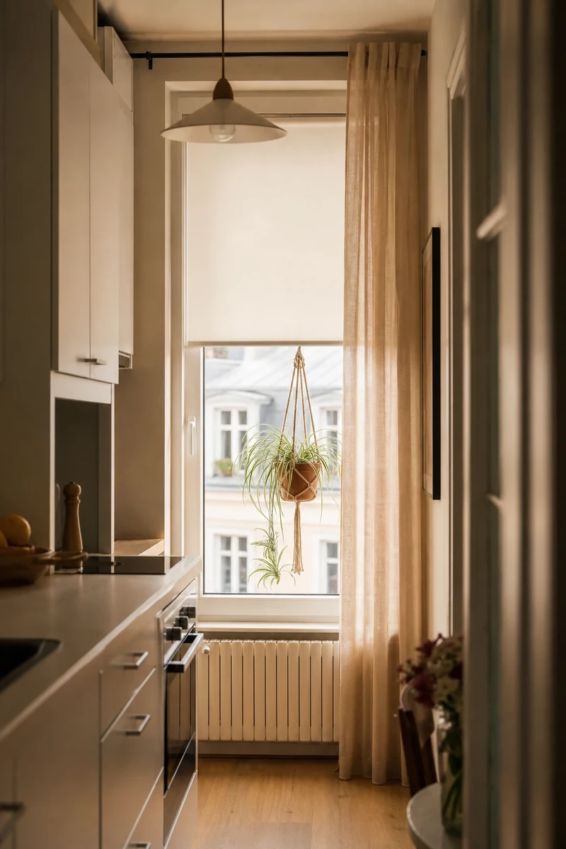 Store intérieur clair et plante filtrante dans une cuisine d'appartement sans volets