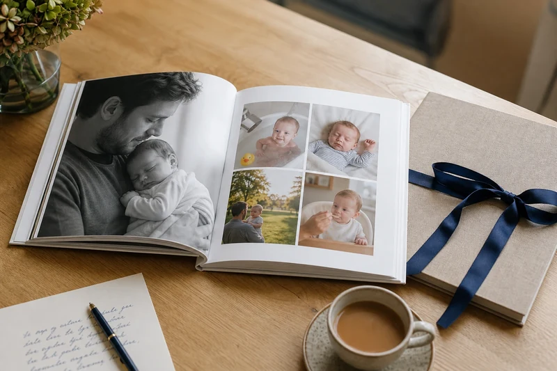 Livre photo personnalisé pour une première Fête des Pères, double page de souvenirs de la première année