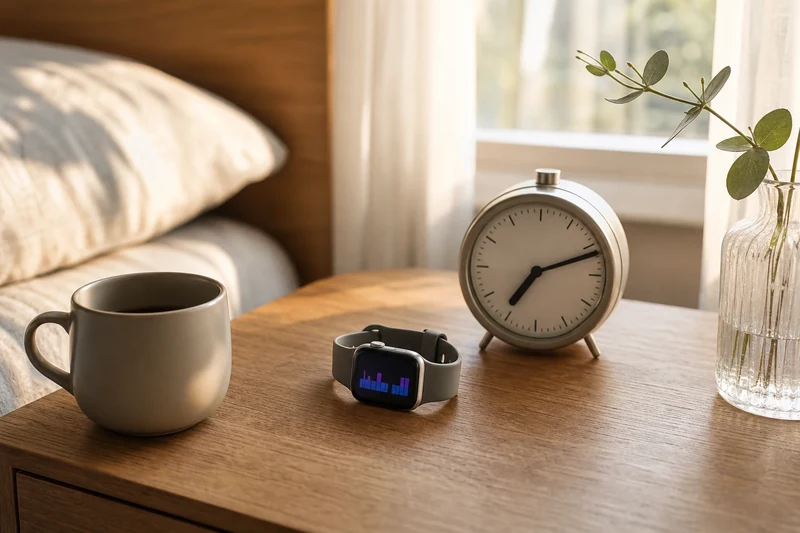 Montre connectée affichant un graphique de sommeil au réveil sur une table de chevet