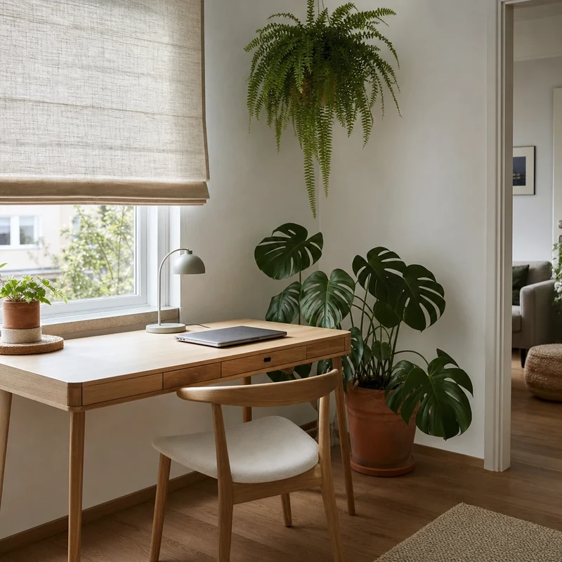 Bureau rafraîchi par un store baissé et plantes à grandes feuilles