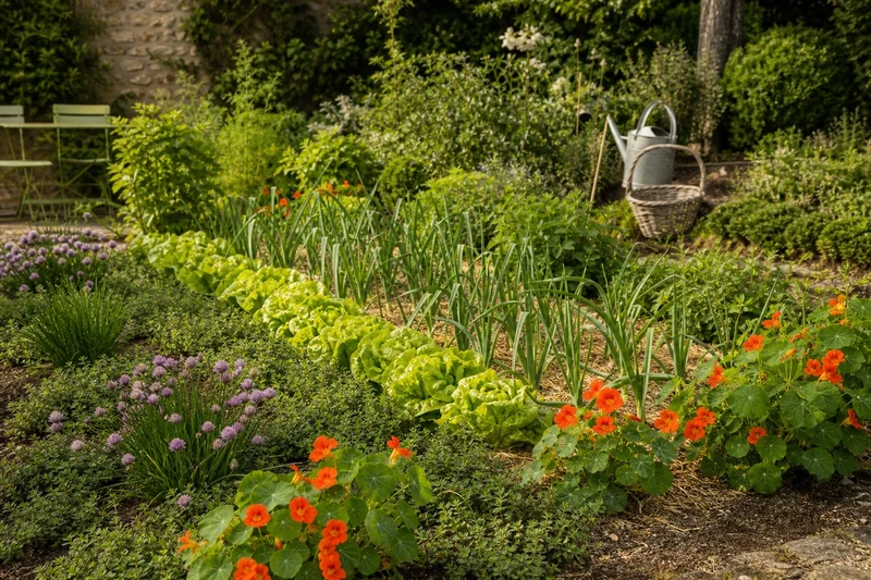 Potager avec bordure d'ail, ciboulette, thym et capucines en barrière naturelle anti-limaces
