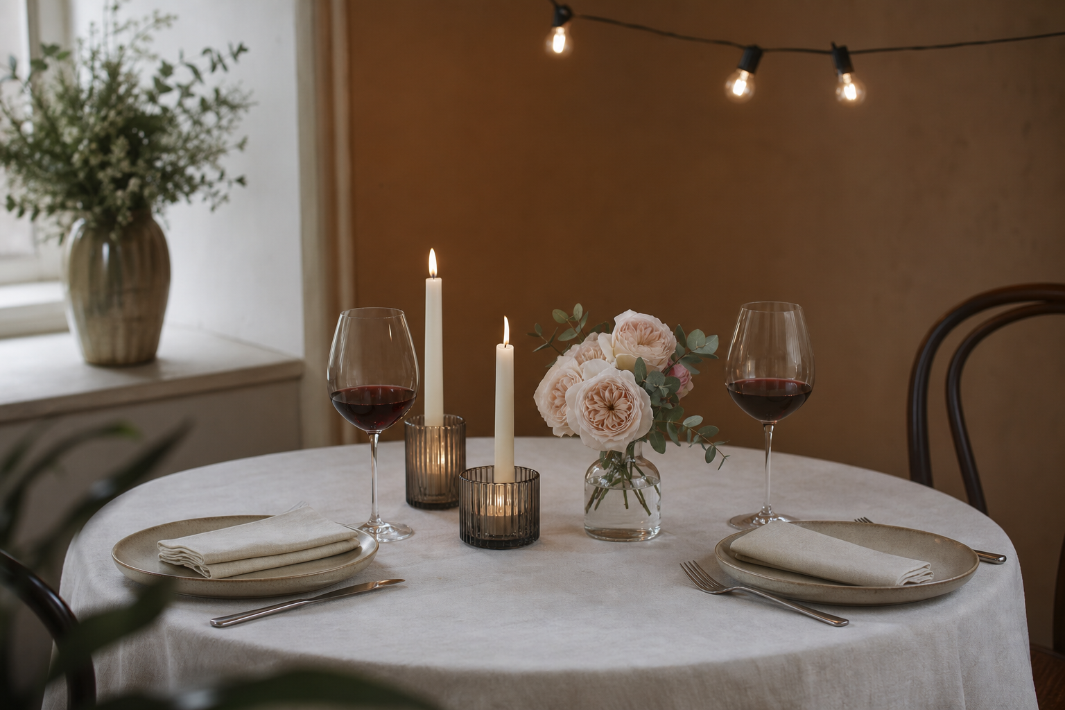 Table de dîner romantique éclairée par bougies et guirlande chaude