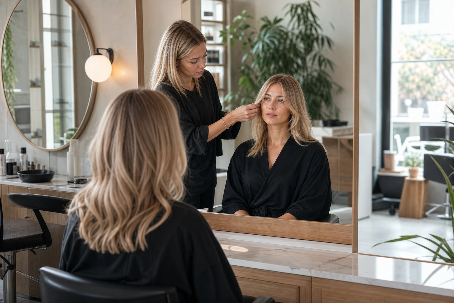 Test de mèche couleur en salon : comparer la nuance au teint avant la coloration complète