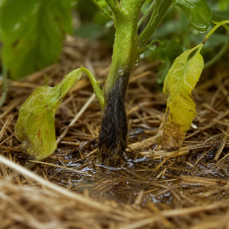 Pourriture du collet d'un plant de tomate due à un paillage trop épais et humide