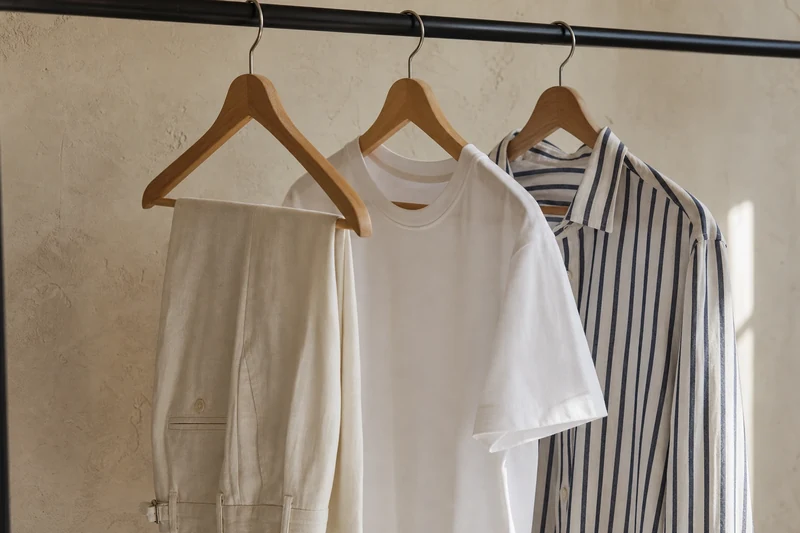 Pièces basiques d'une capsule été : pantalon en lin, t-shirt coton bio, chemise rayée