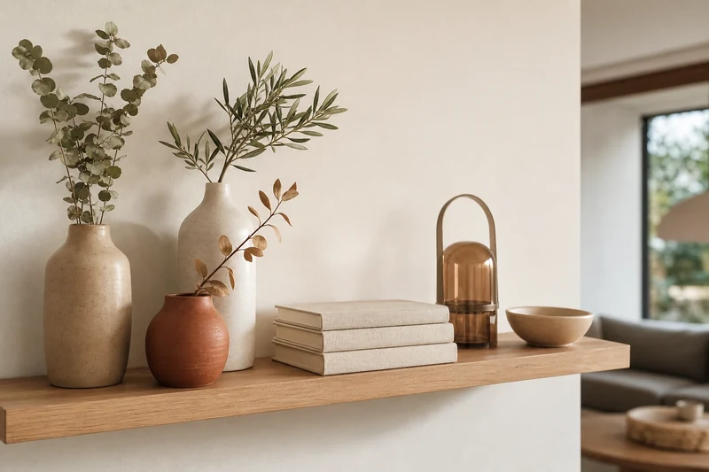 Étagère décorée façon bord de mer chic : vases en grès, branches d'eucalyptus et livres reliés