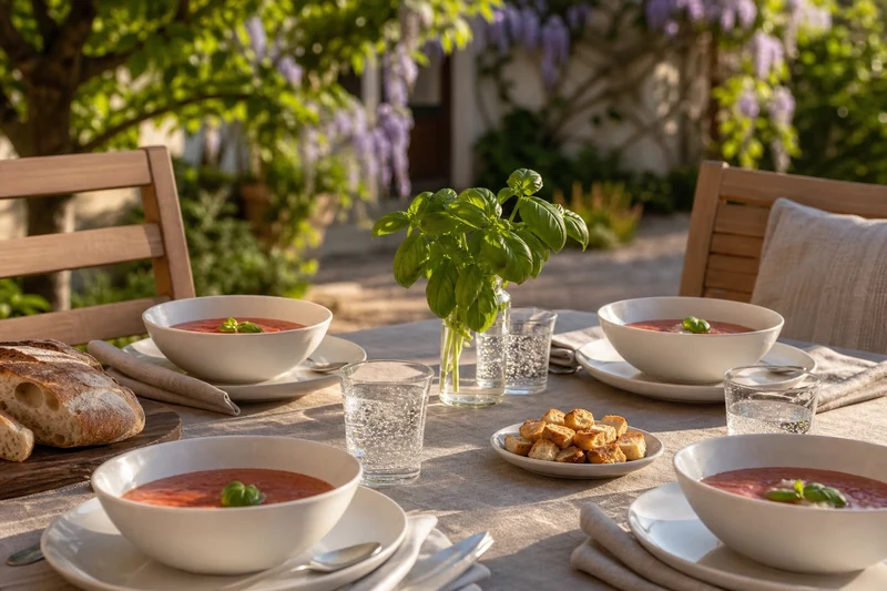 Table de jardin dressée avec bols de gaspacho, croûtons à l'ail, baguette tranchée et basilic frais