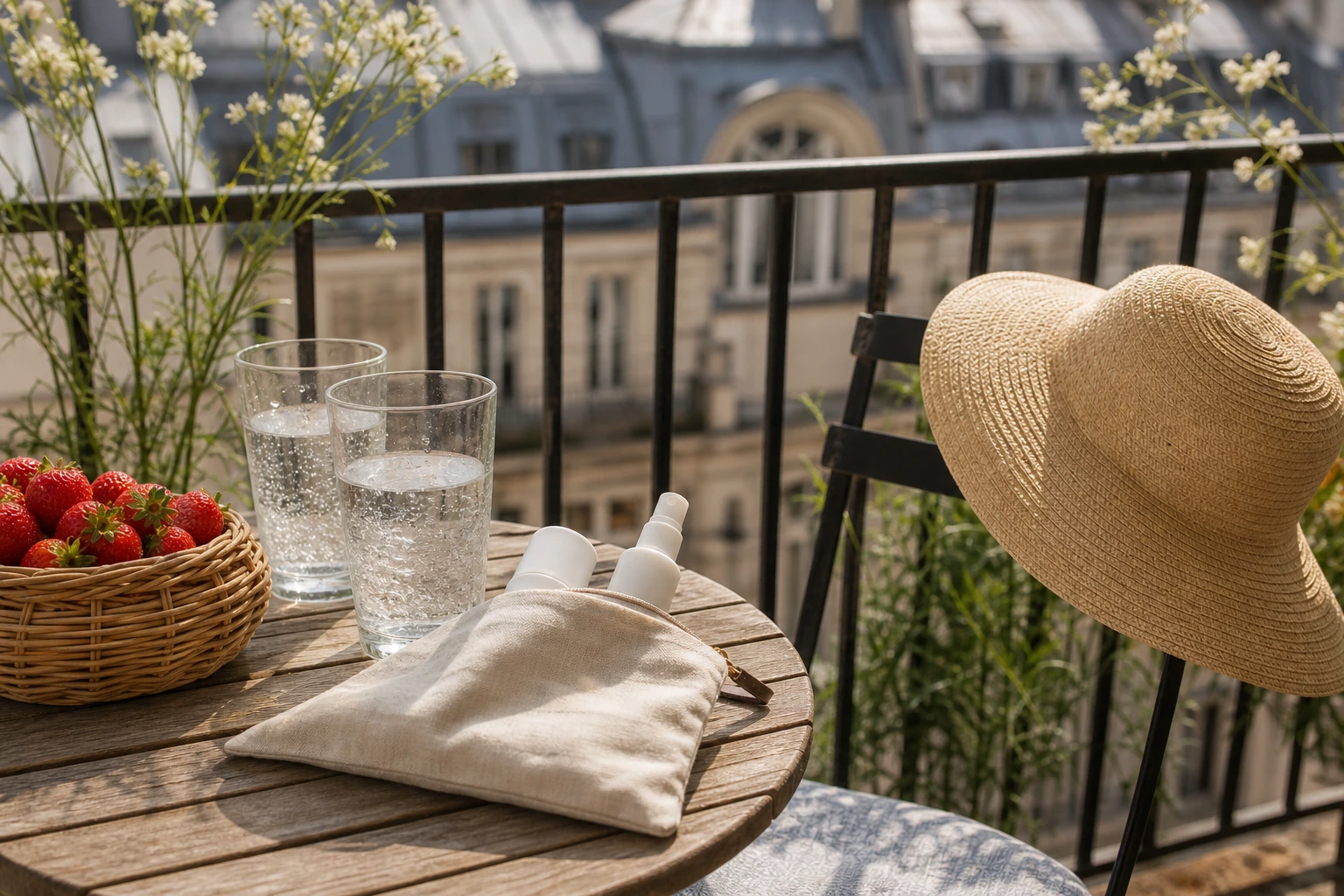Terrasse parisienne avec chapeau de paille, brume SPF et stick solaire visage en plein midi