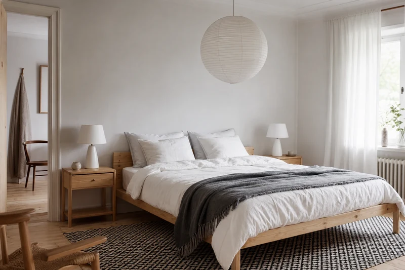 Chambre scandinave en pin clair et linge blanc