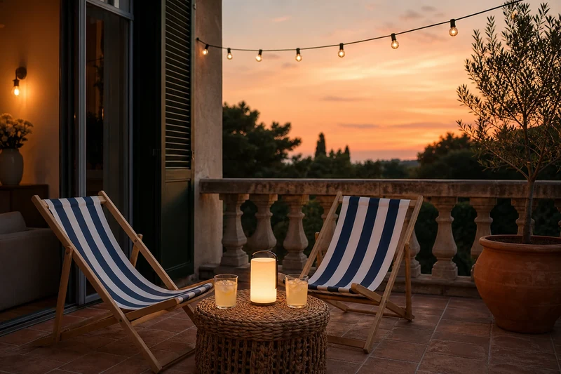 Terrasse Preppy Riviera au crépuscule avec chiliennes rayées, lampe nomade et olivier en pot