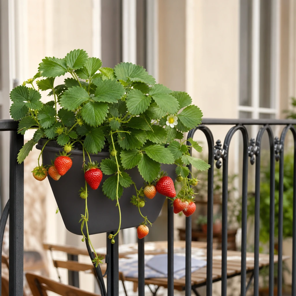 Fraisier remontant en jardinière suspendue avec fraises rouges mûres