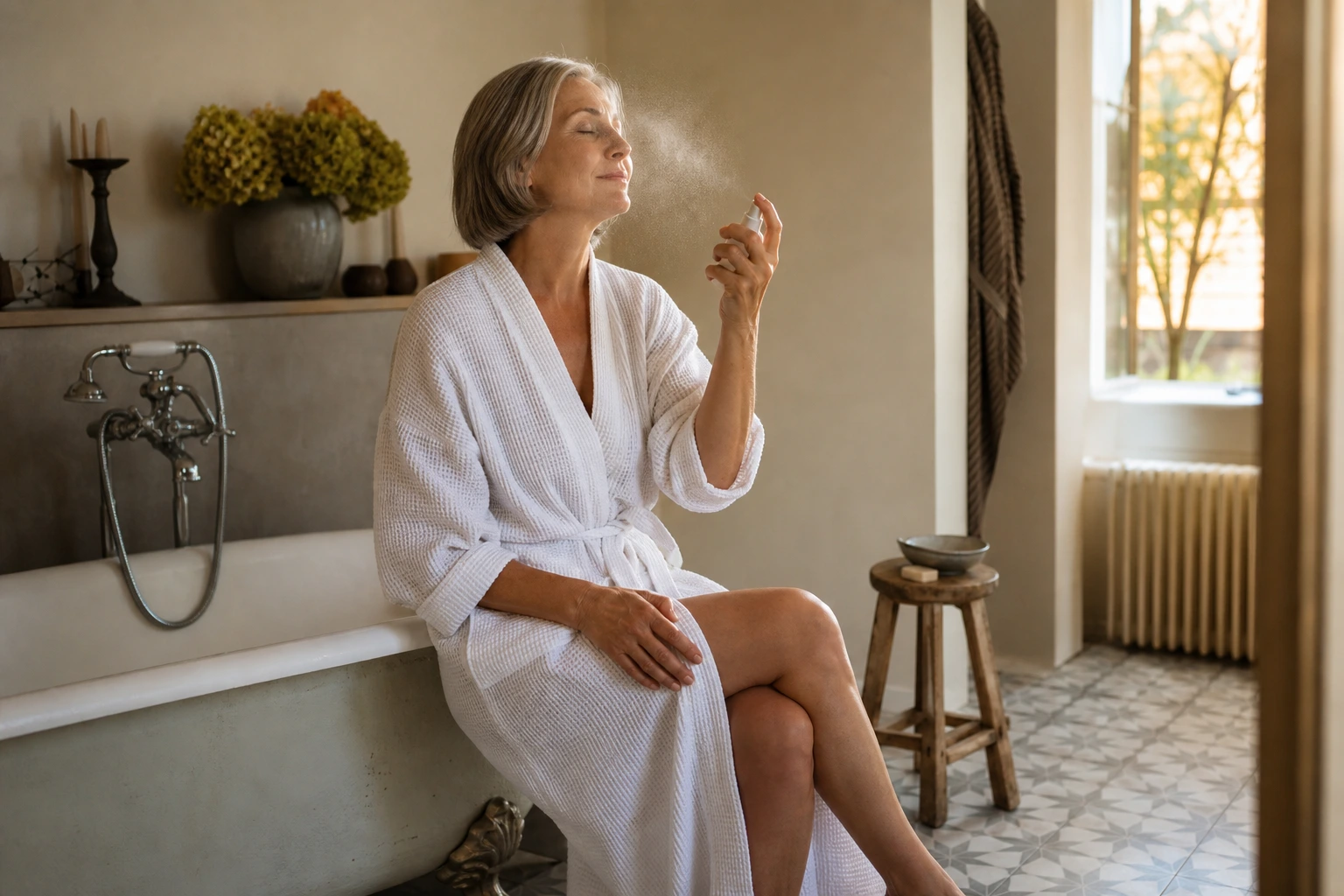 Femme de 50 ans vaporisant de l'eau thermale sur son visage, soin du soir minimaliste en été
