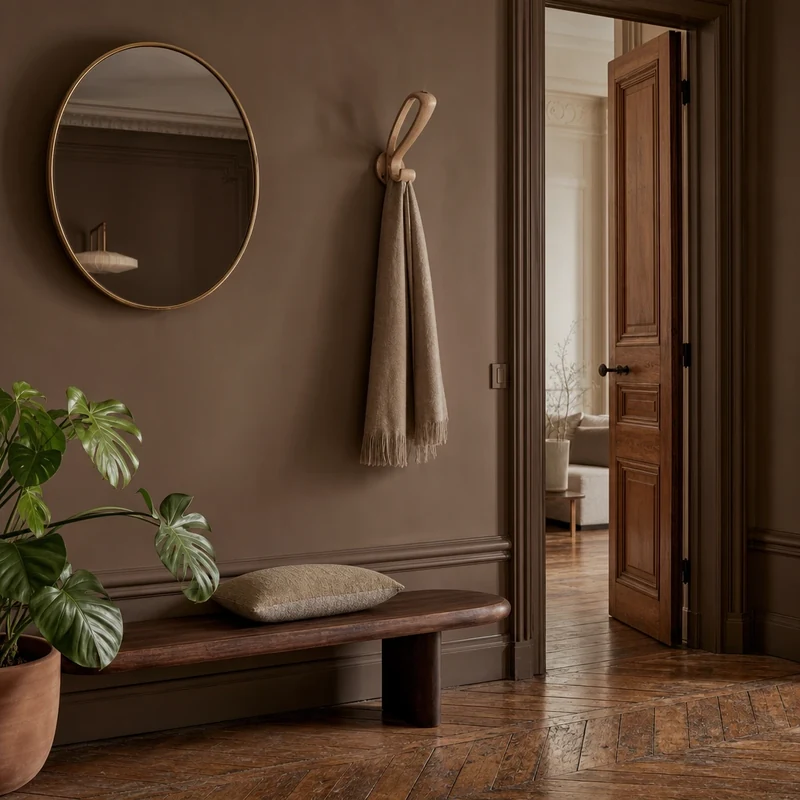 Entrée japandi enrichi dans appartement parisien avec banc noyer et mur Mocha Mousse soulignant les moulures