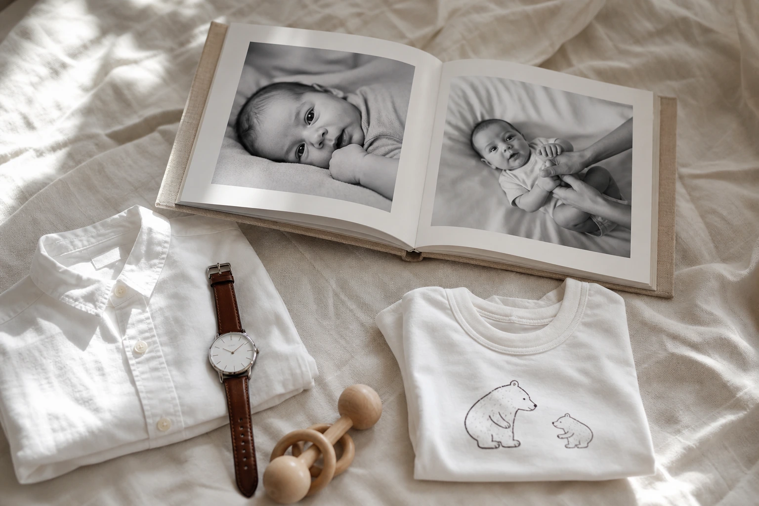 Sélection cadeaux pour jeune papa : livre photo, montre, t-shirt père-enfant et hochet en bois