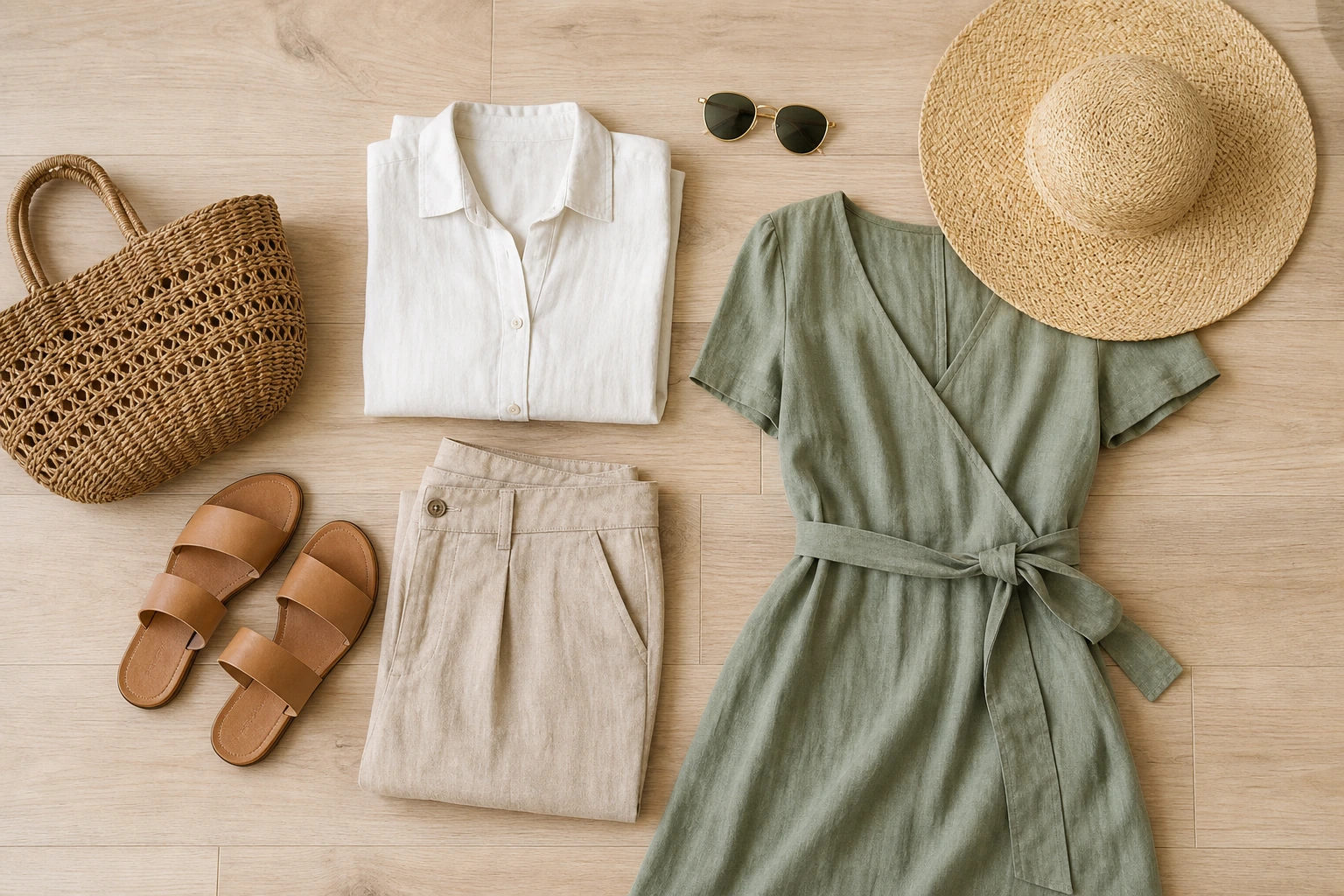 Flat lay d'une garde-robe d'été en lin avec accessoires de vacances