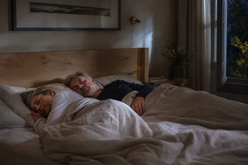 Couple paisiblement endormi dans une chambre fraîche et obscure