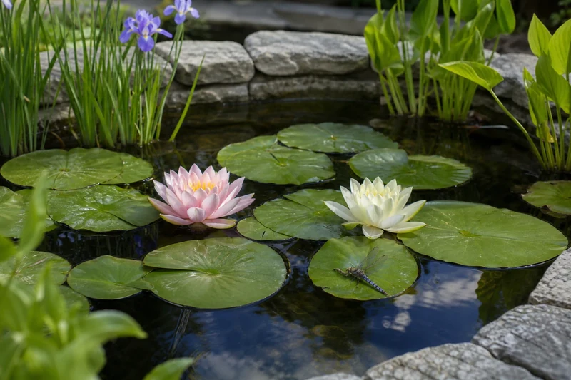 Bassin de jardin avec nénuphars rose et blanc, iris d'eau et sagittaires en été