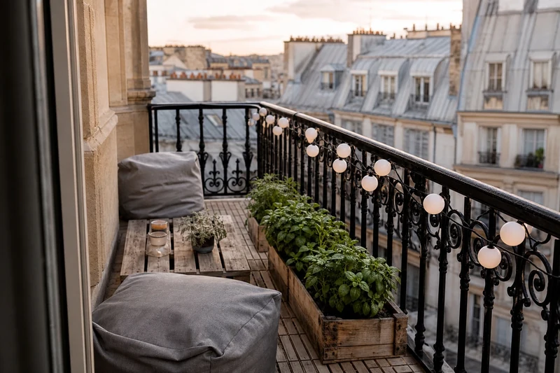 Balcon parisien aménagé en récup' avec caillebotis, table palette et guirlande solaire