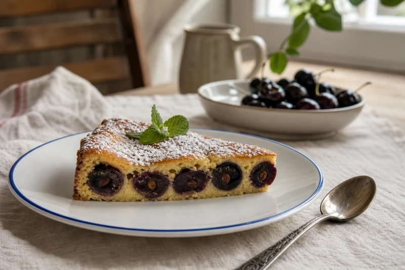 Part de clafoutis aux cerises traditionnel avec noyaux apparents et sucre glace