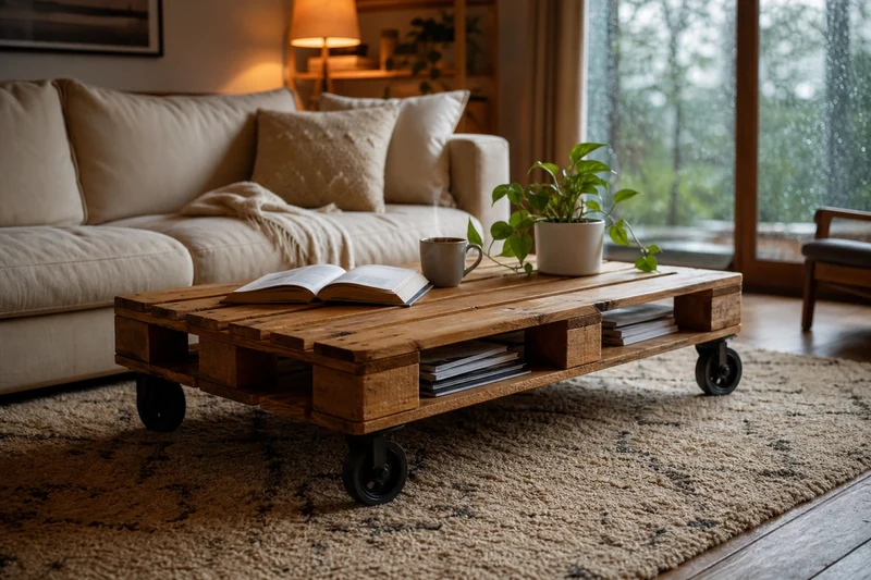 Table basse DIY en palette poncée et lasurée miel montée sur roulettes dans un salon cosy