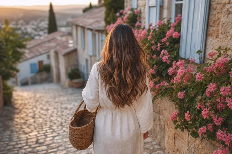 Femme de dos avec long balayage caramel doré marchant dans une rue française au coucher du soleil