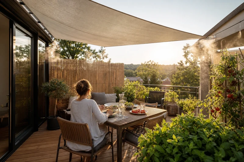 Terrasse française entièrement aménagée pour l'été avec voile d'ombrage, brumisation active et table dressée pour le dîner