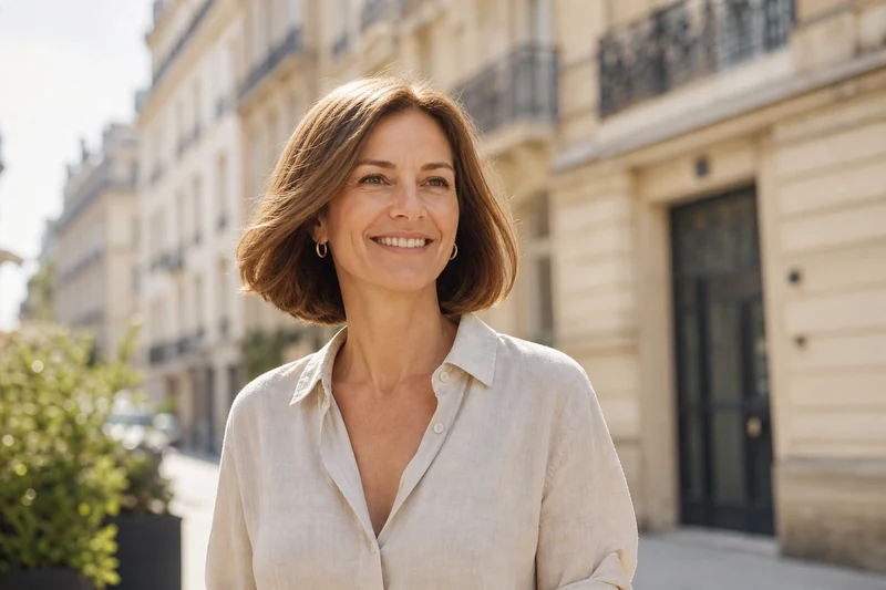 Femme arborant un Japanese Bob châtain réussi en extérieur dans une rue parisienne