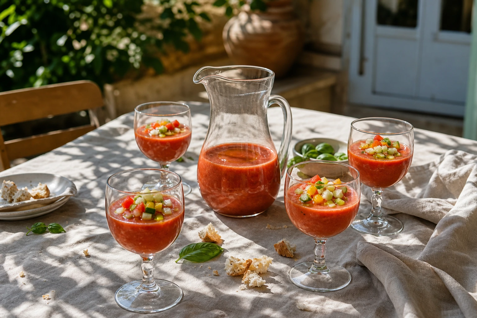 Quatre verres de gaspacho servis sur une terrasse française ombragée en été