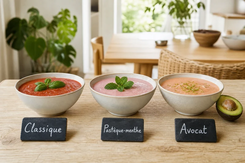 Les trois variantes de gaspacho : classique, pastèque-menthe et avocat