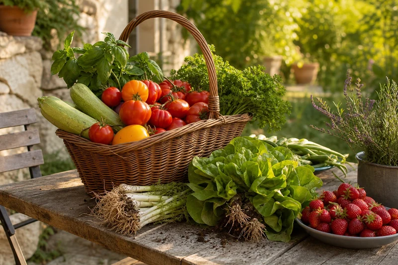 Récolte de juin dans un panier en osier : tomates, courgettes, fraises et basilic