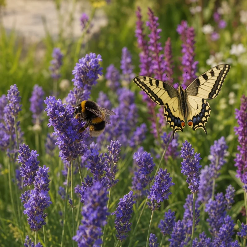 Bourdon et papillon machaon butinant lavande et sauge dans un jardin d'ornement