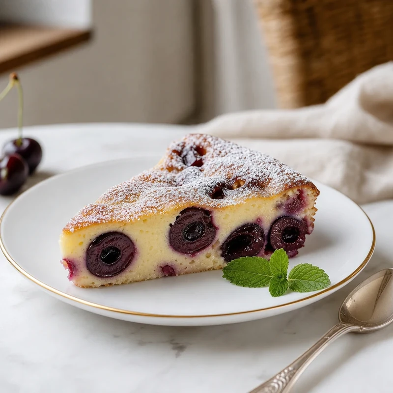 Part de clafoutis aux cerises servie sur assiette blanche, texture moelleuse visible